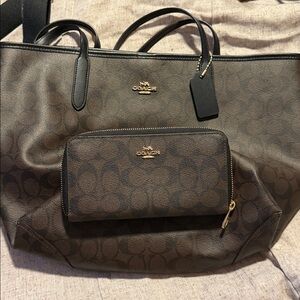 Coach Brown Signature Canvas Tote with Black Trim and Wallet